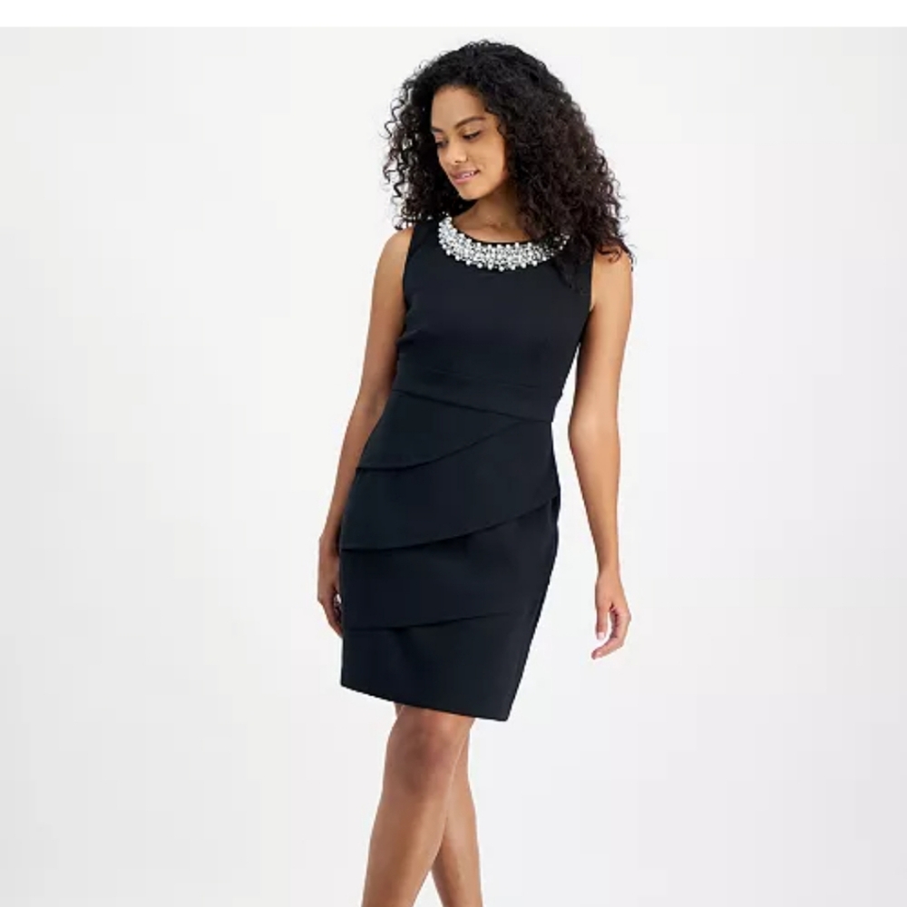 Black dress with faux pearl neckline